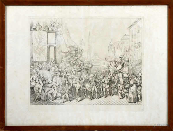 Incisione raffigurante Carnevale di Roma, XX secolo, cm 45x62, entro cornice, (lievi tracce di umidità, ondulazioni della carta, segni di usura)