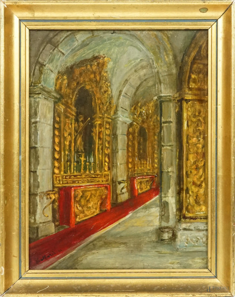 Interno di chiesa, olio su faesite, firmato, cm 33,5x25, entro cornice