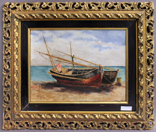 A. Costa, Spiaggia con barche, olio su cartone, cm 25 x 33, entro cornice.
