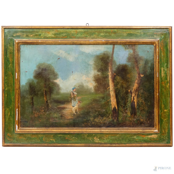 Paesaggio con pastorella, olio su tela, XX secolo, cm 65x104, entro cornice