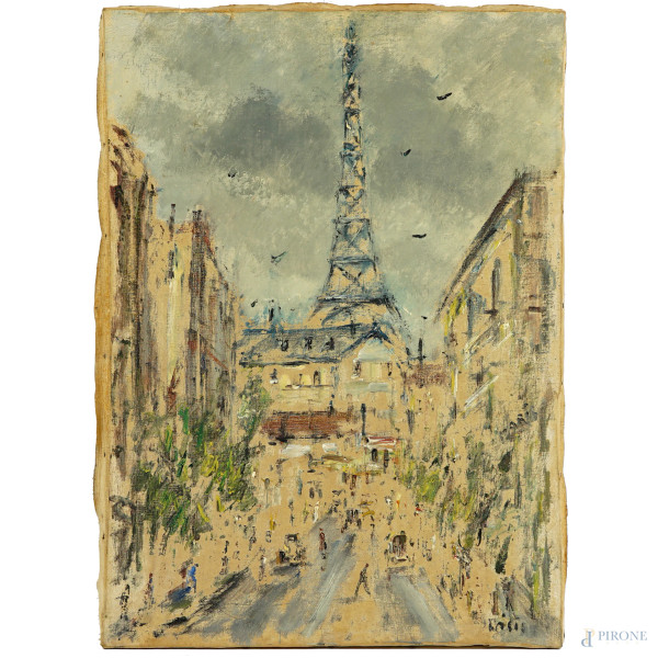 Veduta di Parigi, olio su tela, firmato in basso a destra, cm 69x49