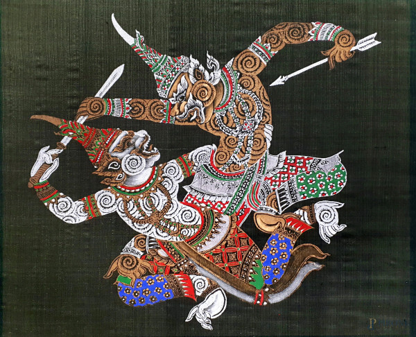 Arte asiatica del Novecento, Combattenti dell’Epopea Ramakien, pigmenti argento e oro su tessuto, cm. 44x52, met&#224; XX secolo.