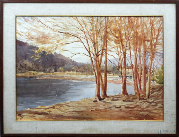 Umberto Ziveri - Paesaggio fluviale, acquarello su carta, cm. 69x49, entro cornice.