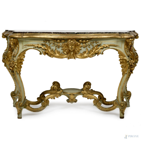 Consolle in legno laccato e dorato con piano in marmo, XIX secolo, cm 96x 130x60, (difetti)