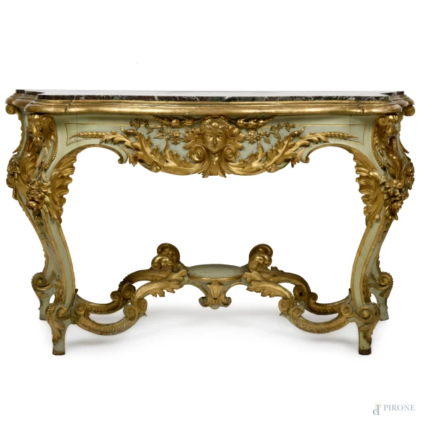 Consolle in legno laccato e dorato con piano in marmo, XIX secolo, cm 96x 130x60, (difetti)
