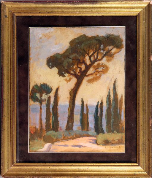 Paesaggio con pini, olio su cartone, cm. 34x26, firmato Romolo Pergola, entro cornice.
