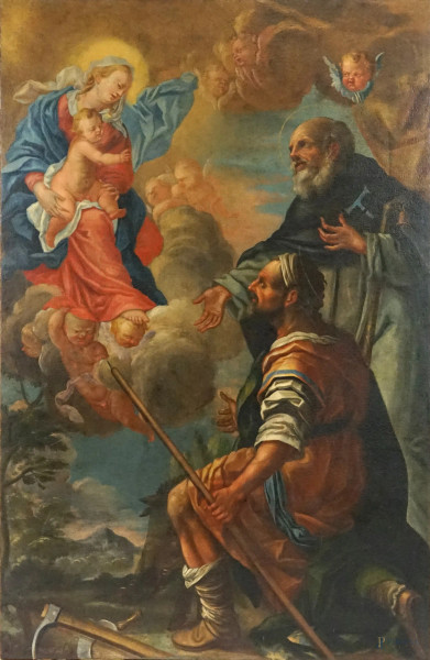 Pittore del XVIII secolo, Vergine col Bambino e Sant'Antonio Abate, olio su tela, cm 191x122, (difetti).