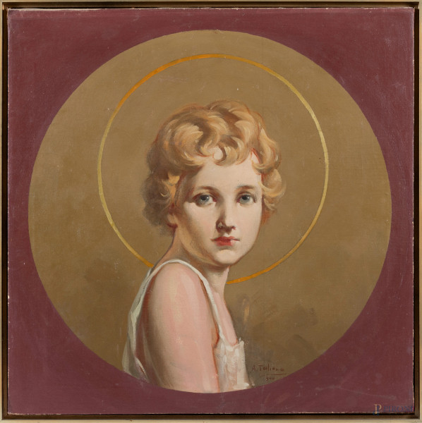 Piccola santa, olio su tela, cm 59,5x59,5, firmato e datato "1944" in basso a destra, entro cornice, (lievi abrasioni)