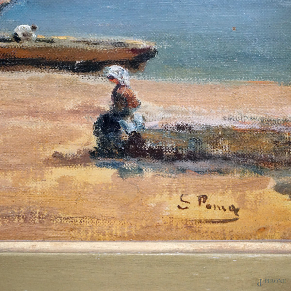 Veduta lacustre con imbarcazioni, olio su tela, cm 35x50, firmato Silvio Poma, entro cornice