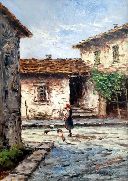 Antonio Brioschi (1855-1920) Cortile rurale con figura e galline, olio su tavola, cm 25x35, firmato.