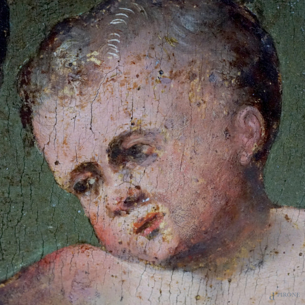 Pittore italiano del XVI secolo, Sacra famiglia, olio su tavola, cm 34,5x23, (difetti e restauri)...