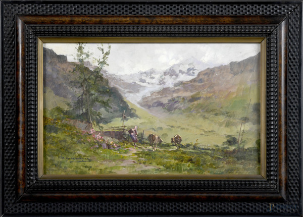 Cesare Gheduzzi (1894-1944), Paesaggio montano con contadina, XX secolo, olio su compensato, cm 27xx44, firmato in basso a sinistra, entro cornice