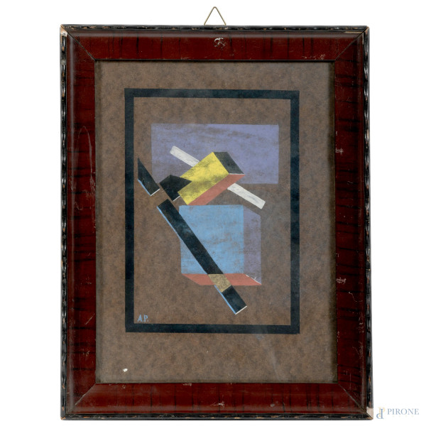 Composizione suprematista, XX secolo, tecnica mista su carta, cm 29x22, entro cornice (ondulazioni della carta e tracce di umidità)