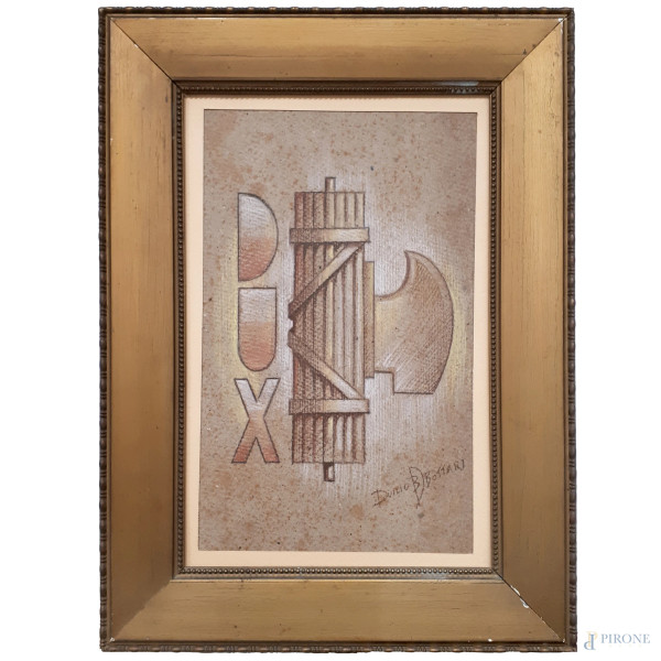 Duilio Bottari (XX sec.) Fascio littorio, disegno a tecnica mista e sanguigna su carta, cm 30x19,5, firmato, con cornice