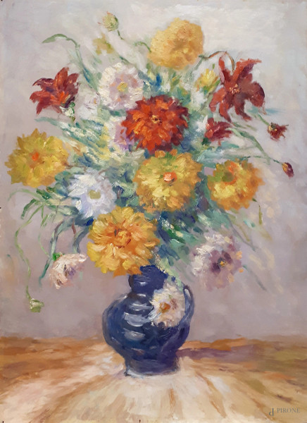 Vaso con fiori, olio su tavola, cm 40x30, primi del Novecento