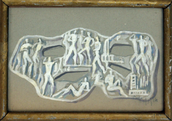 Figure, tecnica mista su carta, siglato e datato 25/03/14, cm 13 x 18, entro cornice.
