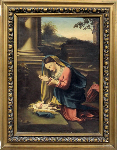 L&#39;Adorazione del Bambino, da Correggio, olio su tela, cm 56x41, XX secolo, entro cornice