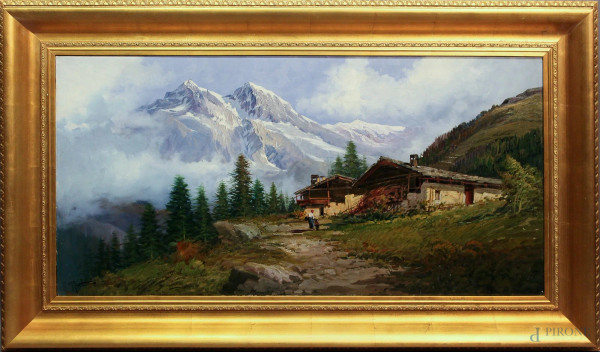 Paesaggio montano con baita, dipinto ad olio su tela, firmato Giordani, cm 60 x 120, entro cornice.