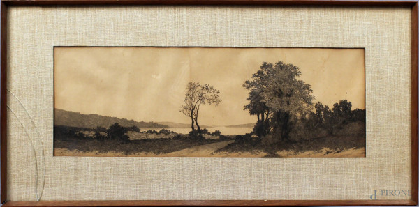 Paesaggio costiero con viale, acquaforte, cm. 27x80, firmato e datato 1890, entro cornice.