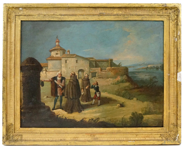 Pittore del XIX secolo, La partenza di colombo, olio su tela, cm 46x62, entro cornice