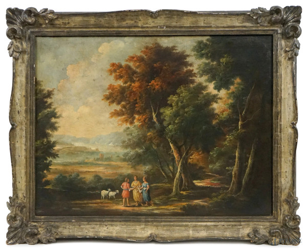 Paesaggio con tre figure, olio su tela, cm 60x80, XIX secolo, entro cornice.