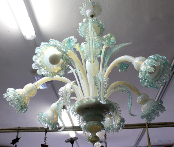 Lampadario a sei luci in vetro di Murano color acqua marina, cm h 75