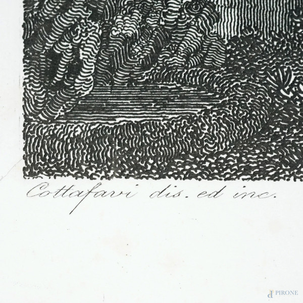 Villa d'Este a Tivoli, incisione di Gaetano Cottafavi (attivo a Roma tra il 1828 e il 1864), cm 3...