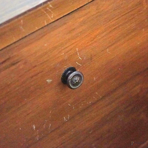 Cassone in legno tenero tinto a noce con fronte scolpito a motivi vegetali e geometrici dorati, g...