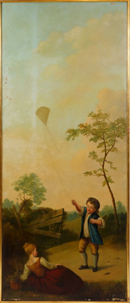 Il gioco dell'aquilone, XIX secolo, olio su tela, cm 190x81, entro cornice, (difetti) 