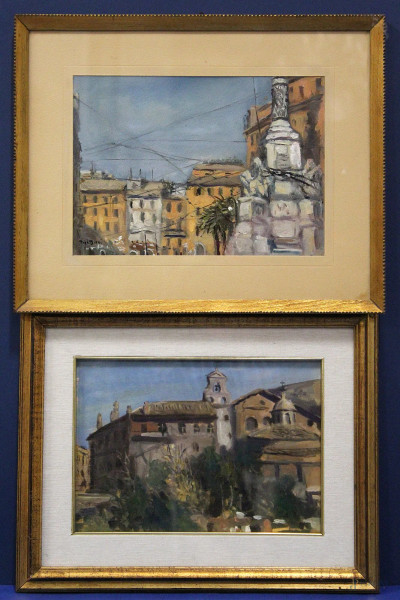 Lotto di due dipinti ad olio su cartoncino 18x26 cm, a soggetto di città, entro cornici.