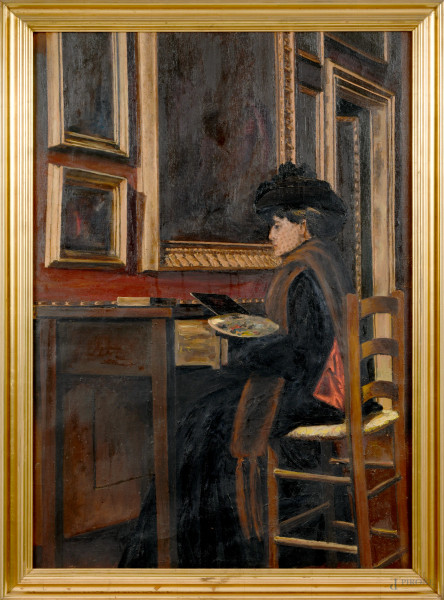 Ritratto di pittrice, olio su tela, cm 117x83, entro cornice, firmato e datato al retro "F. Cambise Littoria 1940" , (difetti)