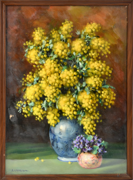 Alfio Paolo Graziani (1900-1981), Vaso di mimose, olio su tela, cm 70x50, firmato in basso, entro cornice