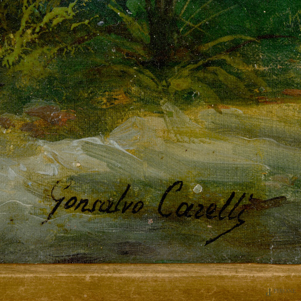 Veduta di Sorrento, olio su tela, XIX secolo, cm74x128, firmato in basso a sinistra, entro cornic...