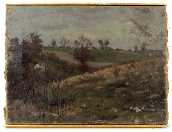 Paesaggio di campagna con staccionate, olio su tela, cm 26,5x36, firmato, (difetti).