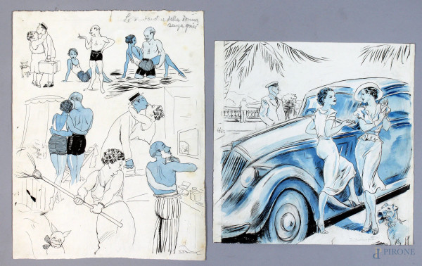 Luigi  Bompard - Lotto di due due tecniche miste raffiguranti caricature, cm 33x25,5