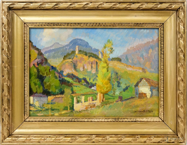 Paesaggio montano, olio su tavoletta, cm 23x32, firmato, entro cornice.