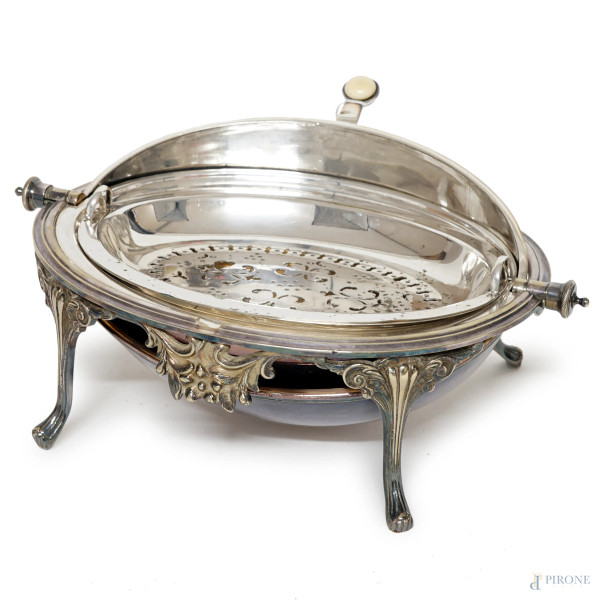 Scaldavivande in metallo argentato, Inghilterra, XX secolo, cm h 20x33x22