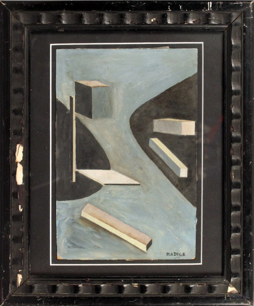 Composizione geometrica, tecnica mista su cartoncino, cm 25x16, firmato, entro cornice.