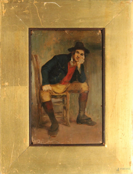 Personaggio ottocentesco, dipinto olio su tavola, cm. 20x18, fine XIX sec.