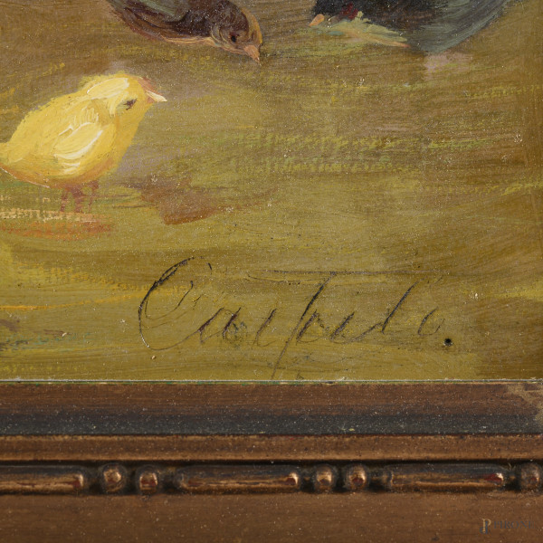 Pollaio, XX secolo, olio su cartone, cm 25x37,5, firmato in basso a destra, entro cornice