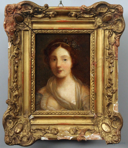 Scuola europea XIX sec, Ritratto femminile, olio su tavola, 17x13 cm, entro cornice. A stemma reale tergo