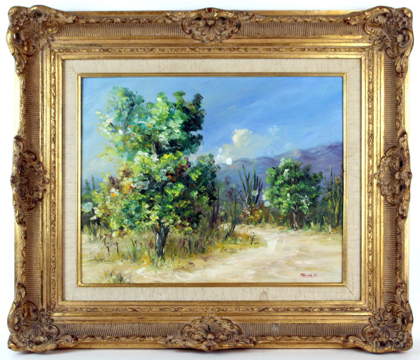 Paesaggio con alberi e sentiero, olio su tela, cm 40x50, firmato, entro cornice
