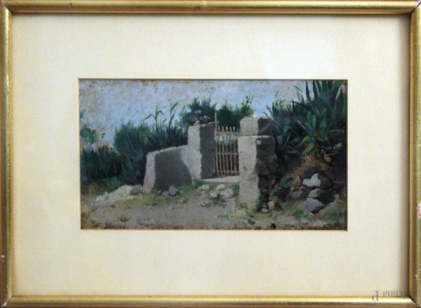 Paesaggio con arbusti e cancello, olio su tavoletta, con dipinto raffigurante una pera sul retro, cm 21 x 12, entro cornice.