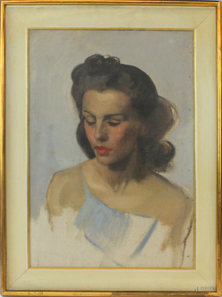 Ritratto di donna, tempera su tela, cm 50x35, XX secolo, entro cornice, (lievi difetti).