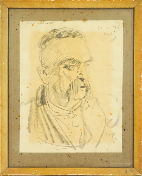 Ritratto di Jozef Winawer, disegno a matita su carta, cm 31x23, firmato, entro cornice, (macchie)