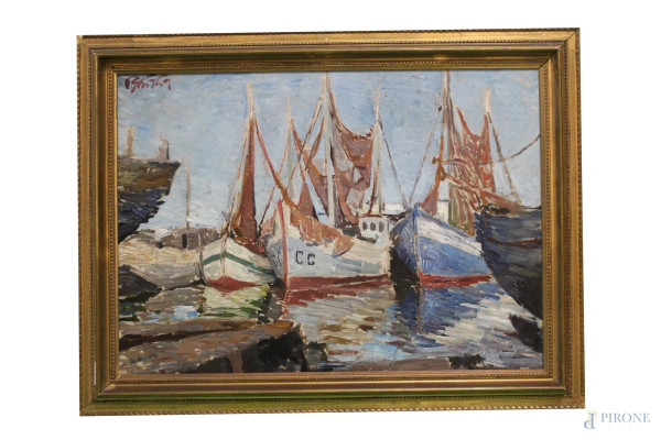 Paulo Ghiglia - Porto con barche, olio su tela 50x70 cm, entro cornice