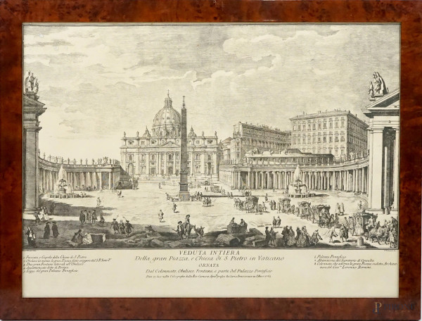 Veduta intiera della Gran Piazza e Chiesa di S.Pietro in Vaticano, stampa, cm 50x67, XX secolo, entro cornice.