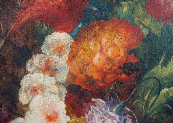 Natura morta di fiori e frutta, olio su tela, primo XX secolo, cm 99,5x69,5, entro cornice