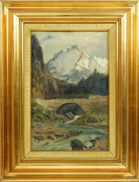 Paesaggio montano con torrente, olio su cartoncino telato, siglato a sinistra, XX secolo, cm 30x20, entro cornice