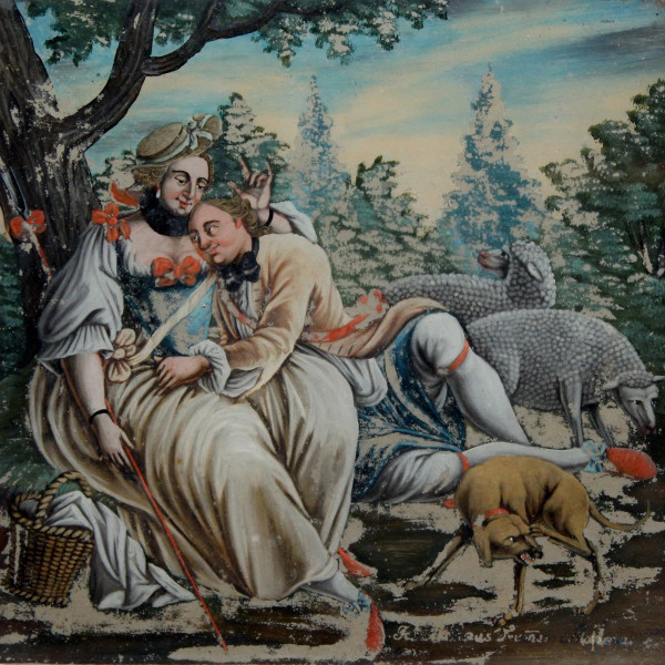 Scena romantica su sfondo paesaggio, dipinto su vetro, 22x23 cm, XVIII sec.